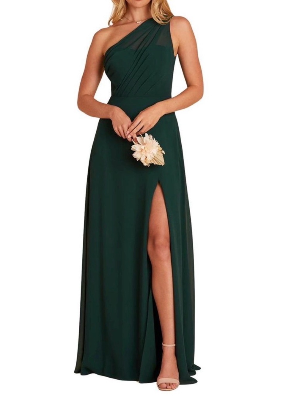 Birdy Grey One-Shoulder Emerald Maxi Dress with Thigh Slit